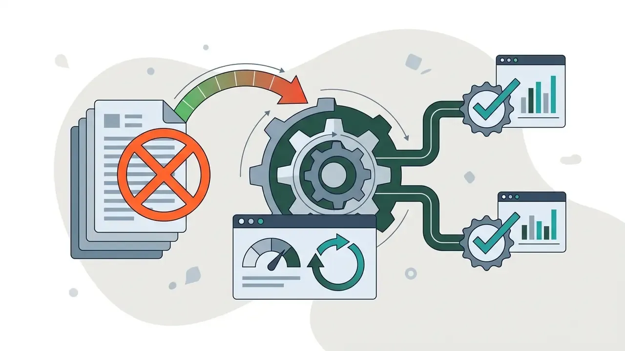 Outdated documents moving through a gear mechanism to generate updated reports and analytics dashboards