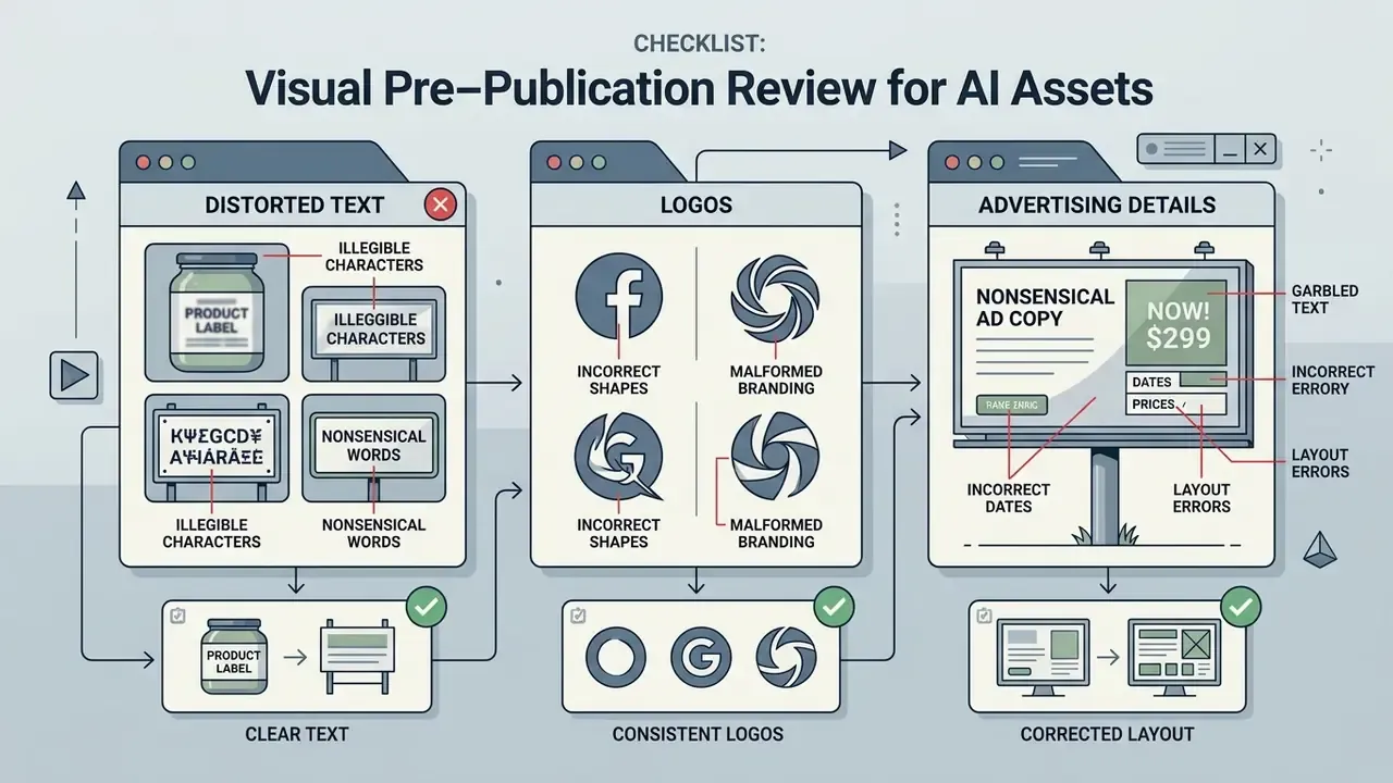 Systematic guide comparing flawed AI generated assets with their corrected versions for quality control