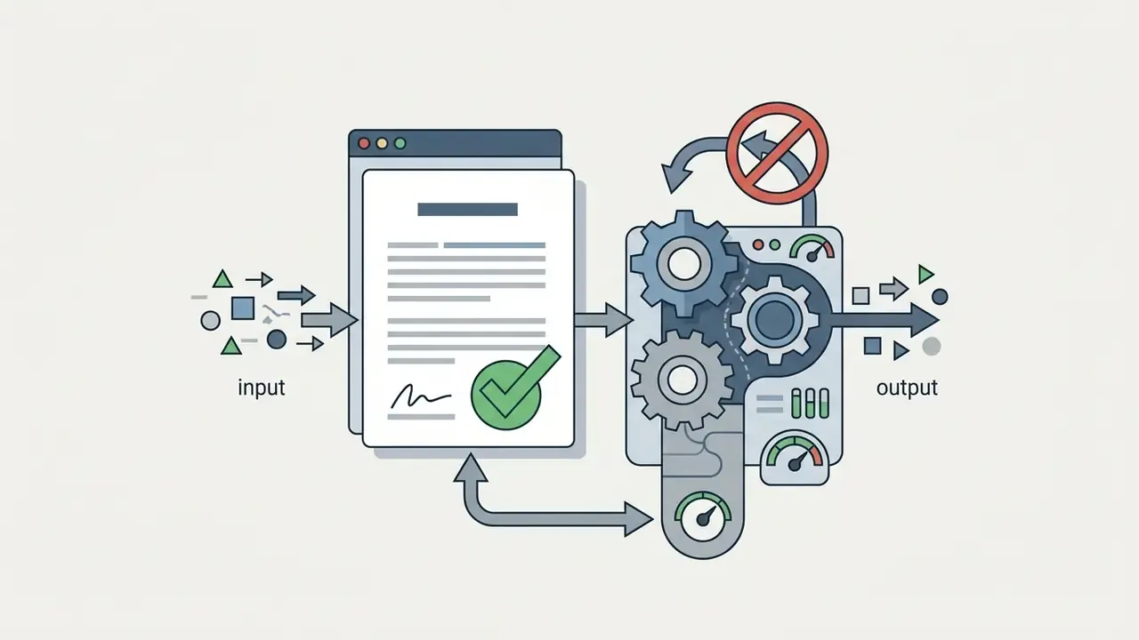 Signed document with a checkmark feeding into a gear processor that blocks data training loops