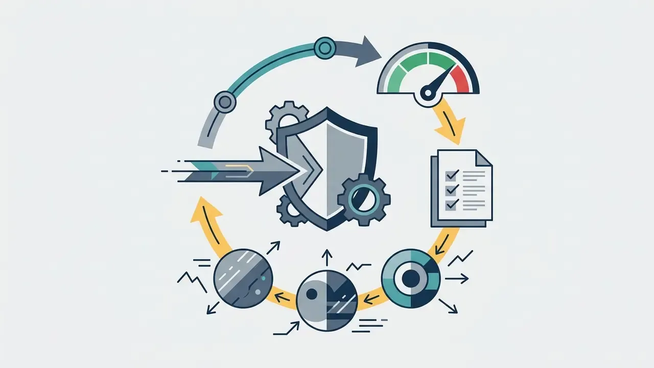 Central shield and gear icon surrounded by a circular process flow of performance metrics and data analysis