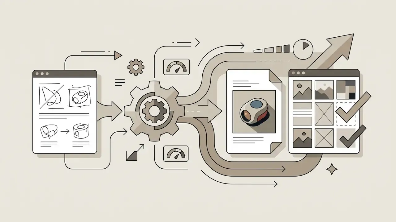 Mechanical gear converting rough sketches into rendered assets and moodboard layouts with speed indicators