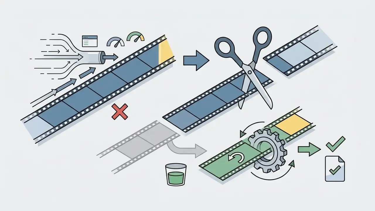 Scissors cutting a long film strip followed by a gear processing a single segment into a finished file