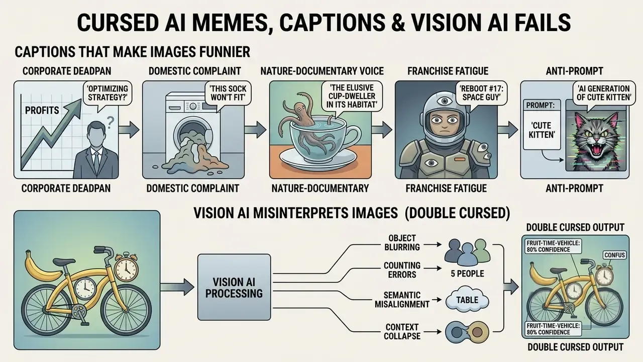 Diagram showing how captions influence perception and how Vision AI misinterprets visual data