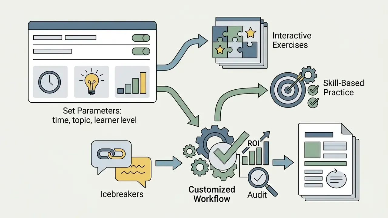 Settings panel feeding into gears that process icebreakers and exercises into structured educational output