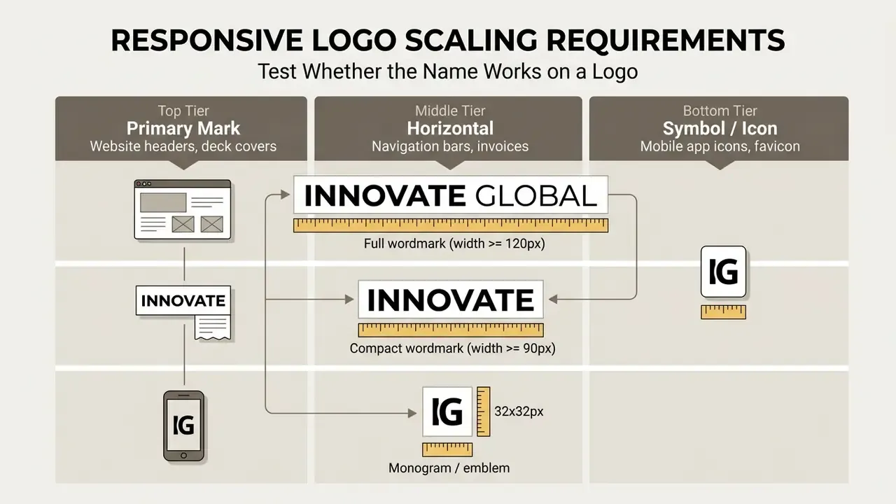 Diagram showing how a brand name scales across different logo formats and minimum pixel requirements