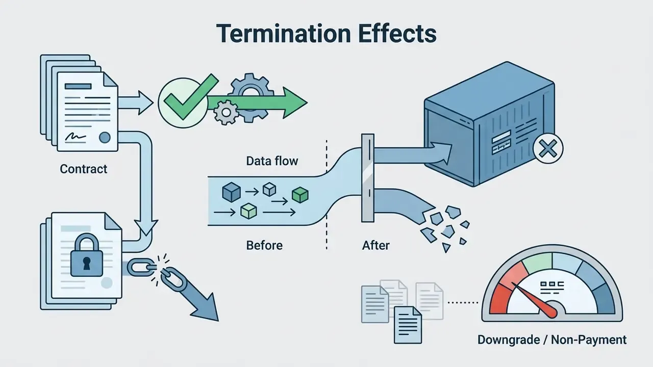 Diagram showing how contract termination impacts data storage and asset access for AI video generators