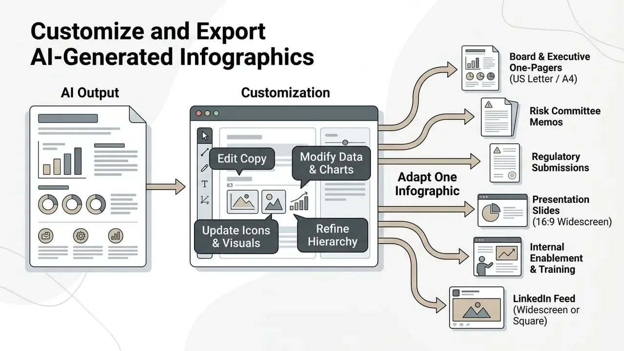 Workflow showing how initial AI designs are edited and adapted into various document and media formats