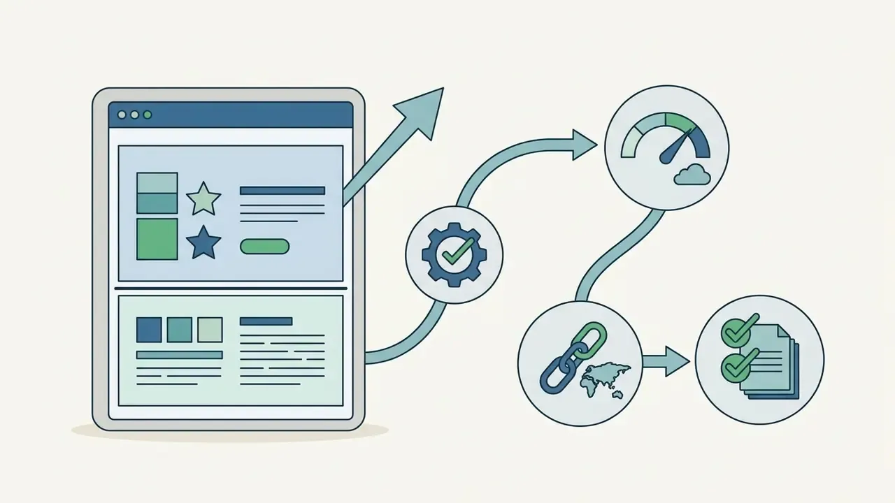 Website layout connected to a gear, speed gauge, global network link, and a completed document checklist