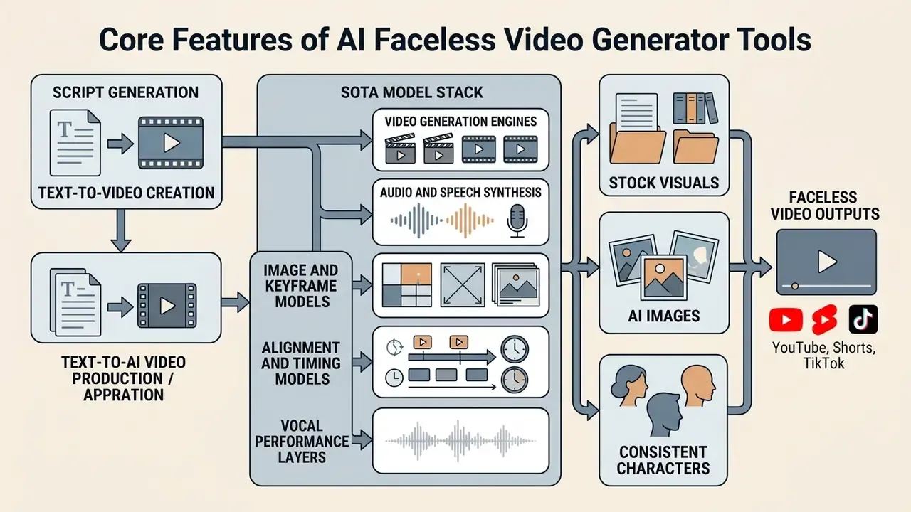 Flowchart detailing the technical stack and media integration steps for an AI faceless video generator