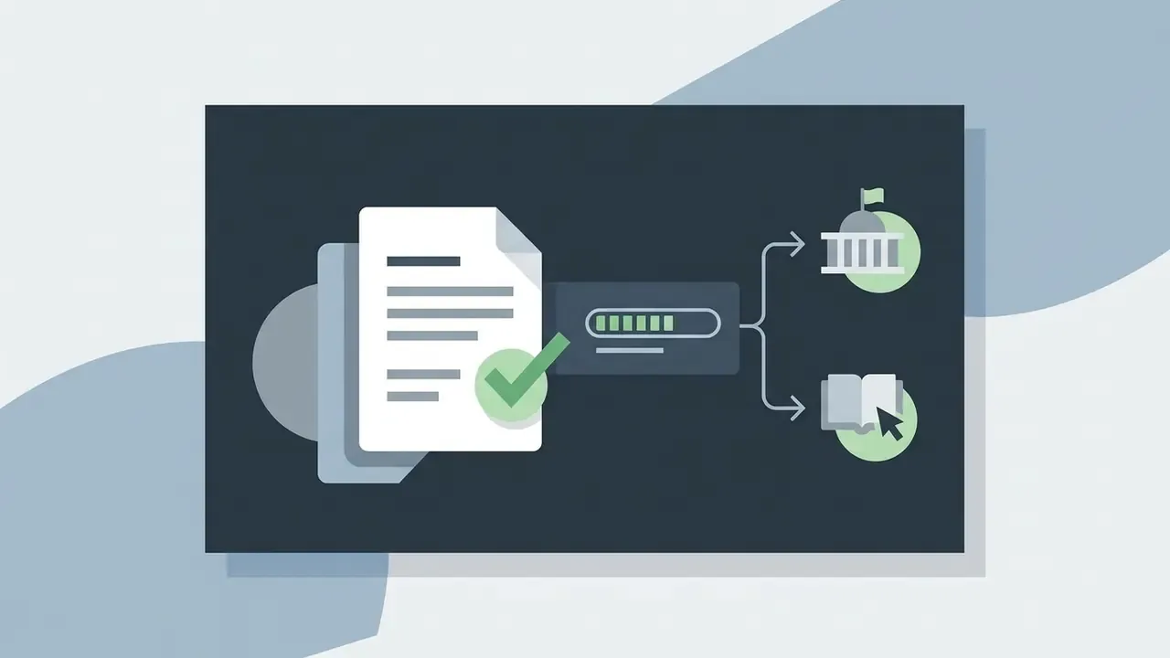 Document with a checkmark passing through a progress bar to government and educational icons