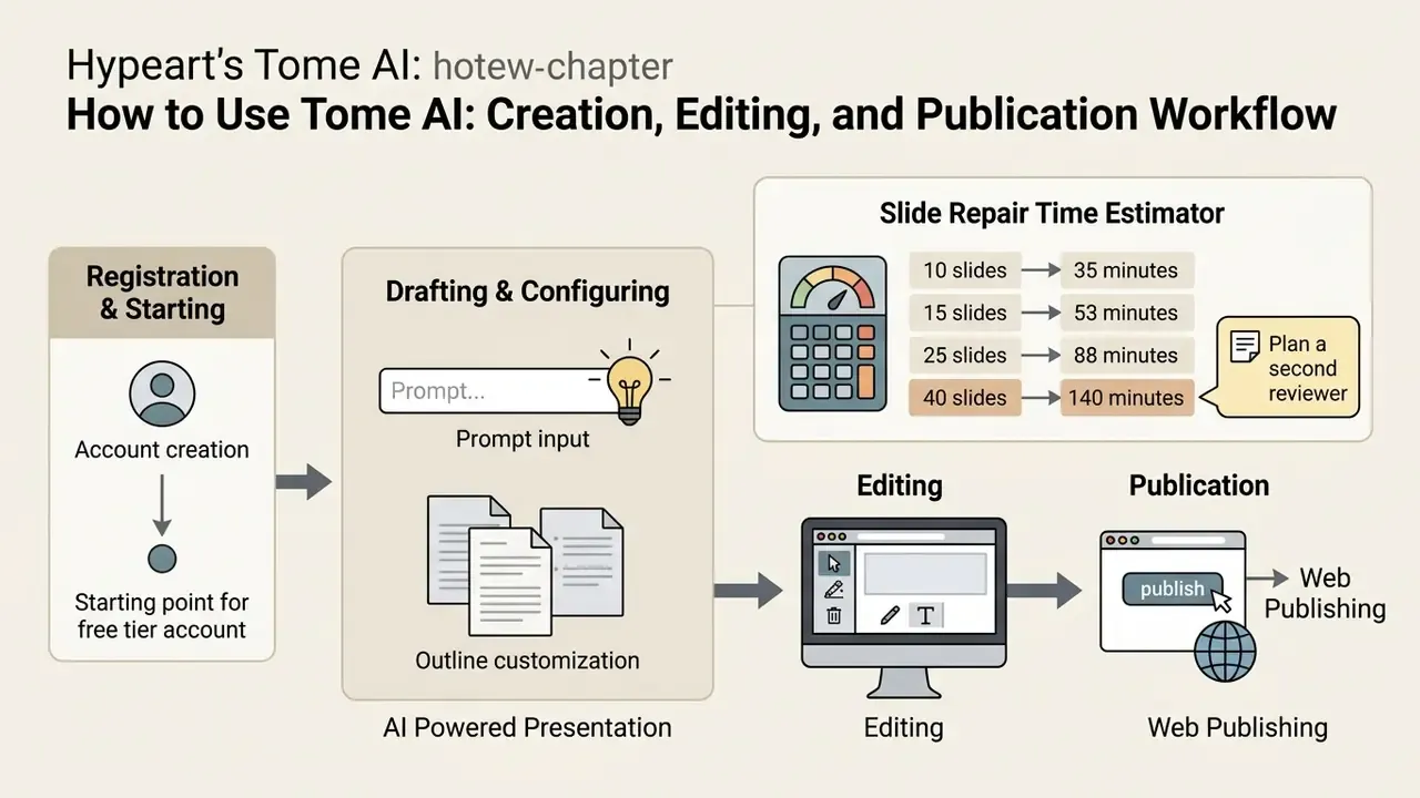 Step-by-step process showing account registration, prompt drafting, slide repair estimation, and publishing