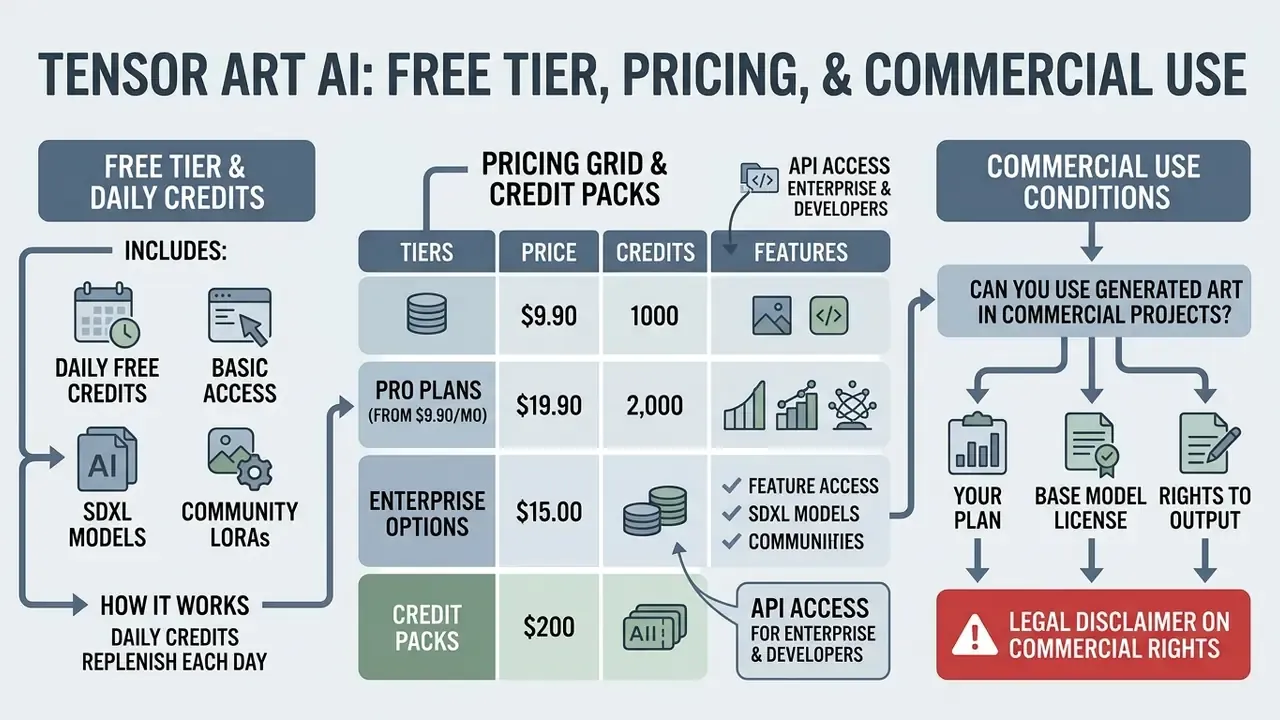 Summary of free tier credits, pricing grids, API access, and commercial usage rights for image generation