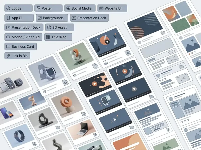 Grid of filterable design cards displaying various project types with export icons and prompt details