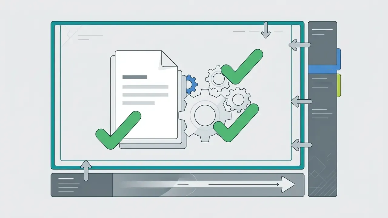 Document and gear icons with checkmarks inside a frame representing safe zones for screen overlays