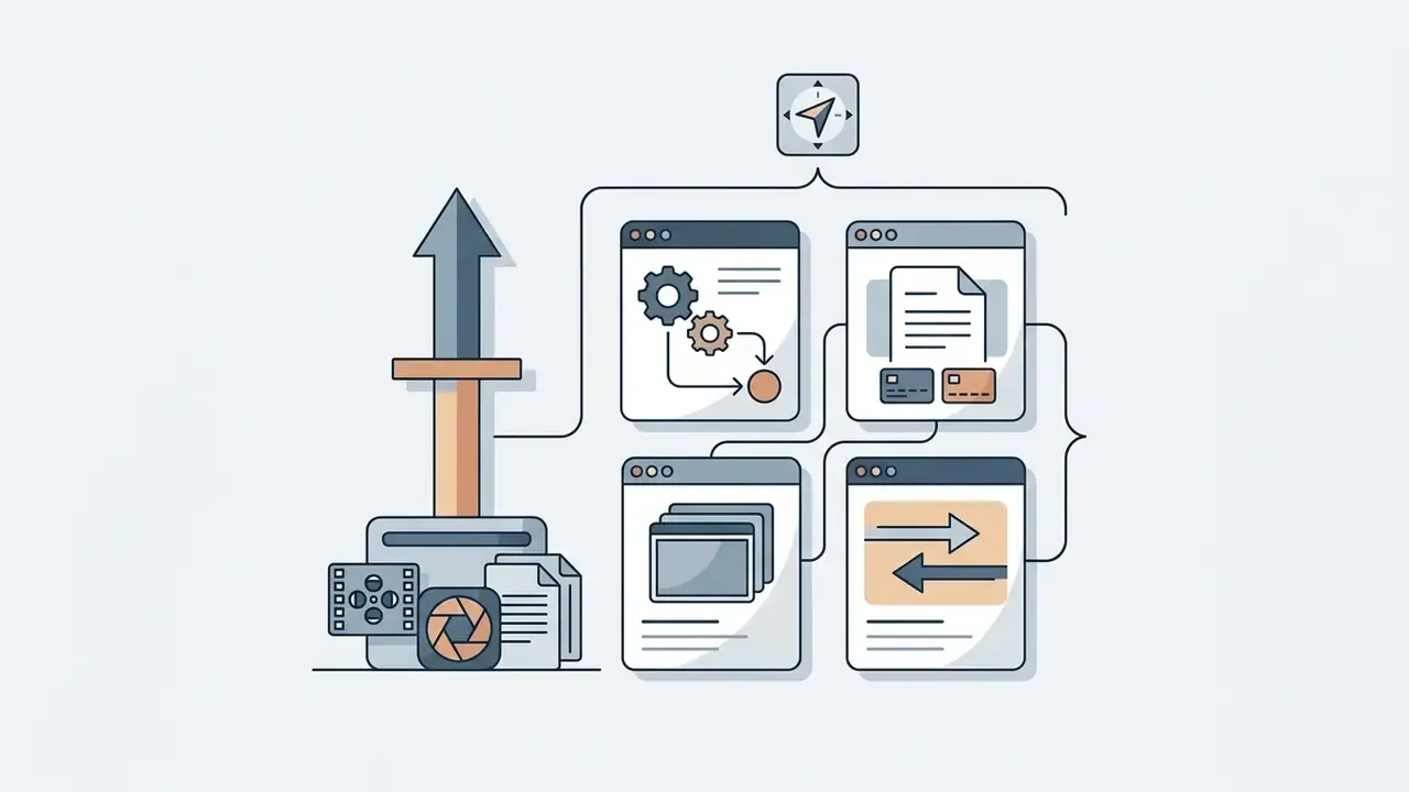 Upward arrow connecting film and camera icons to a navigation map of software windows and billing processes