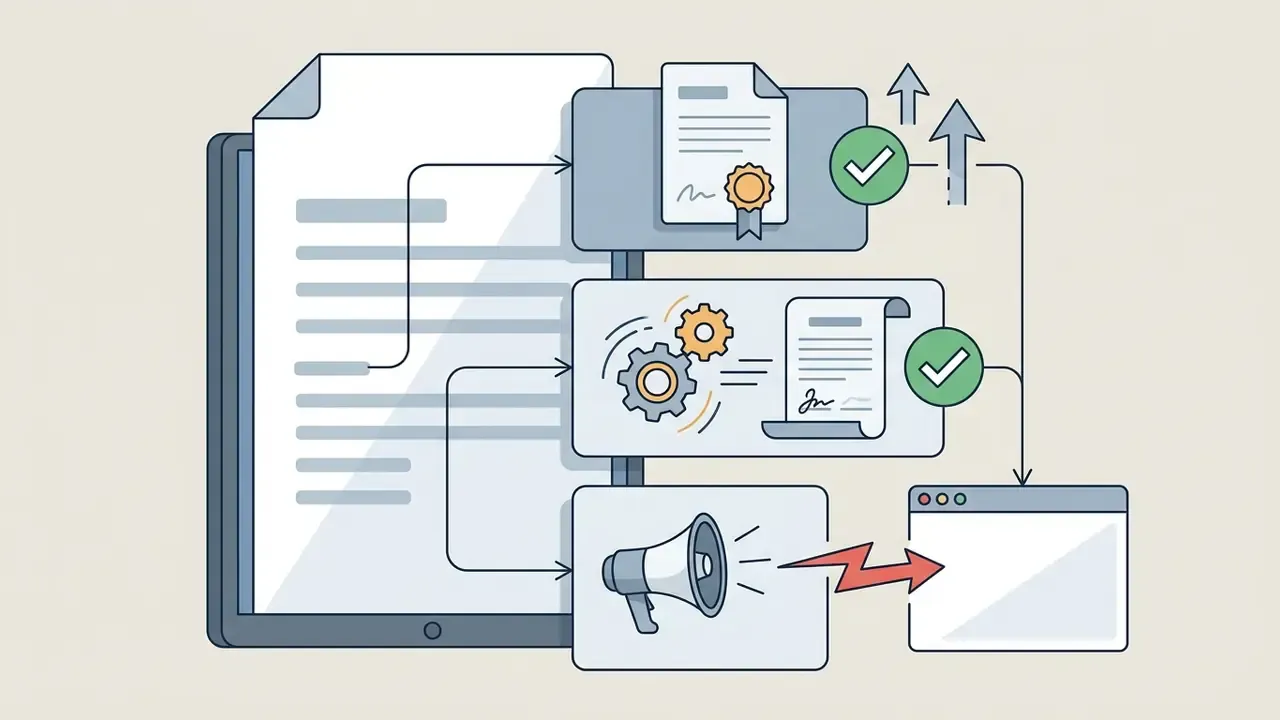 Workflow showing document verification, contract processing, and breach notification steps