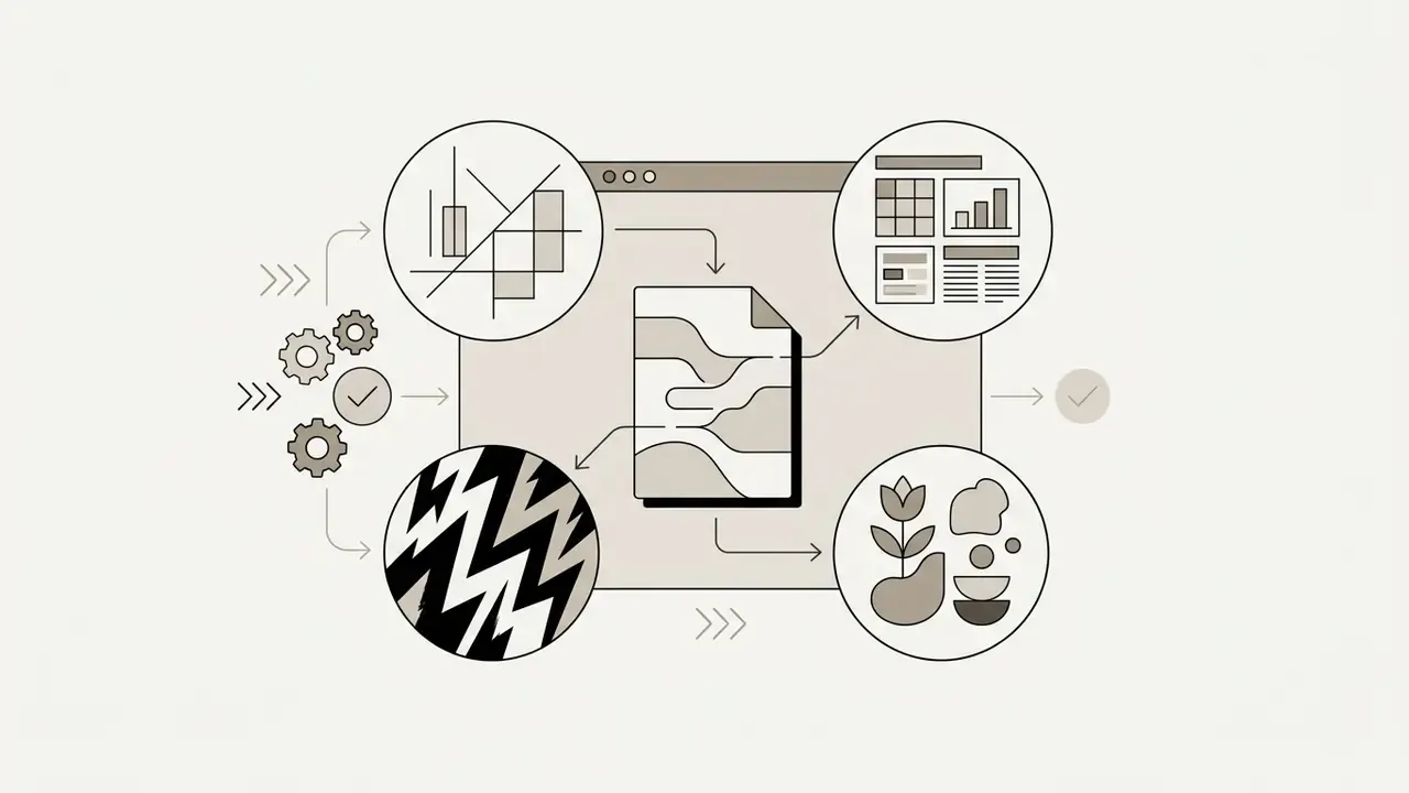 Circular style icons connected to a central document interface for customizing profile aesthetics