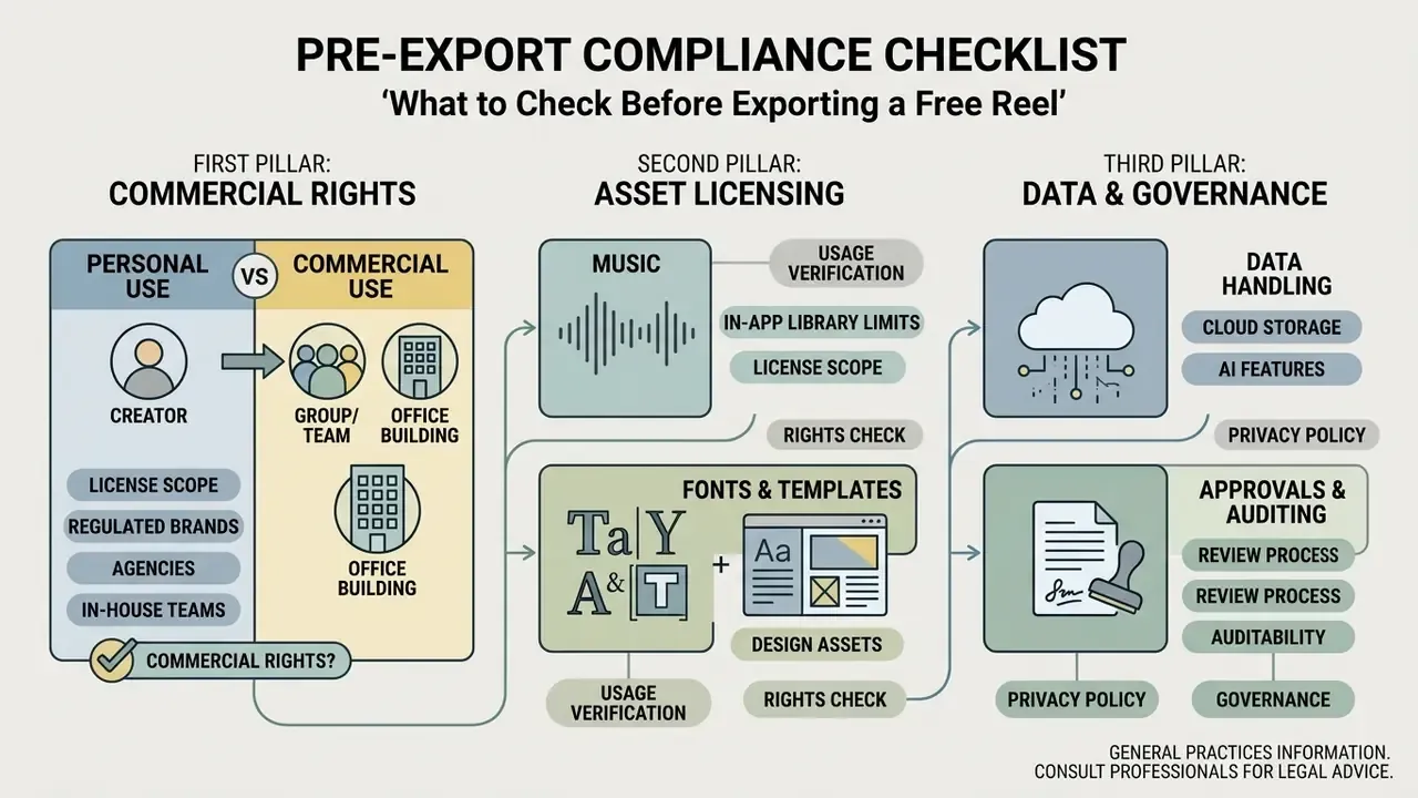 Compliance checklist infographic covering commercial rights, asset licensing, and data governance for Reels