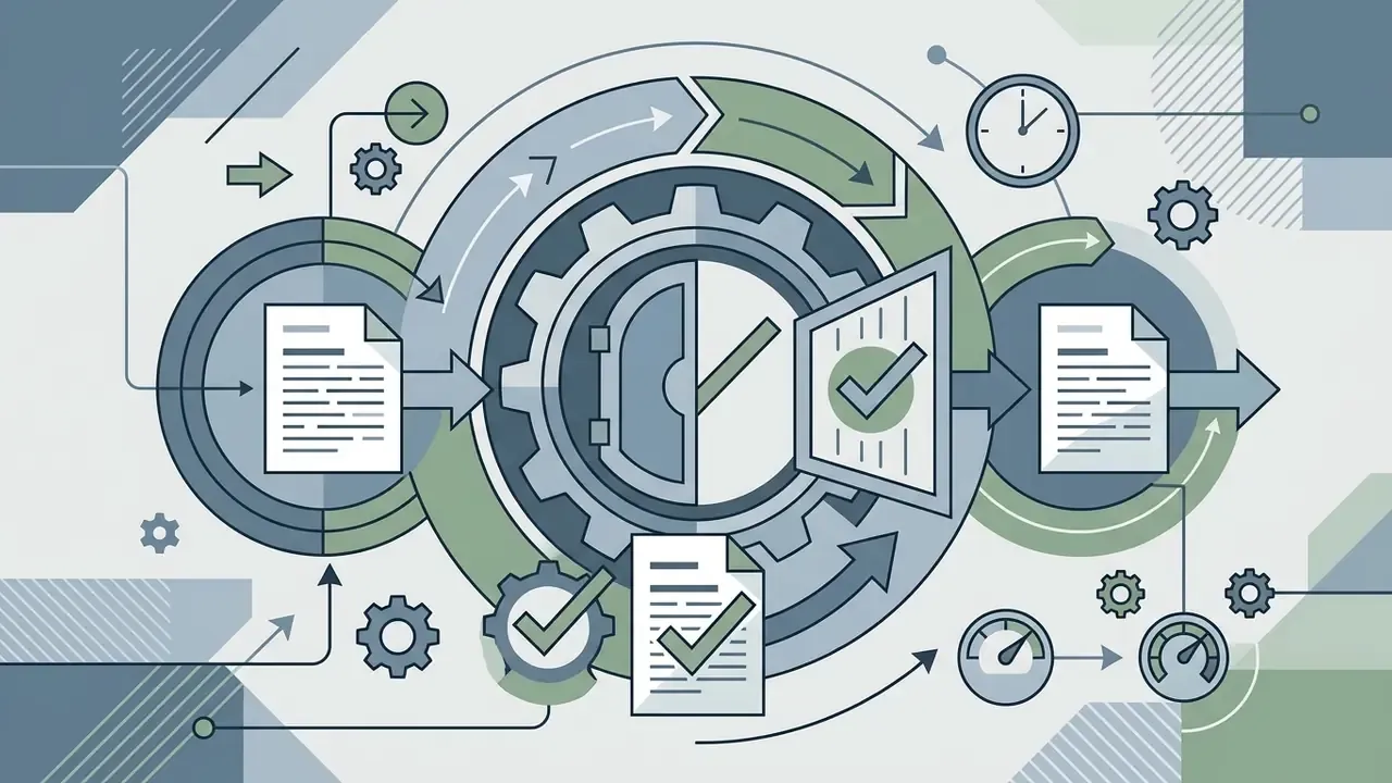 Documents moving through a gear mechanism and vault door to receive approval checkmarks