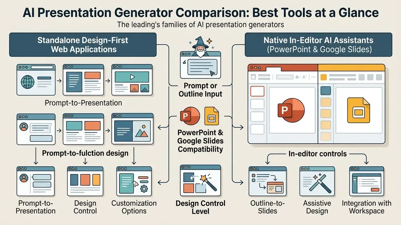 Comparison diagram showing standalone web apps versus native AI assistants for PowerPoint and Google Slides