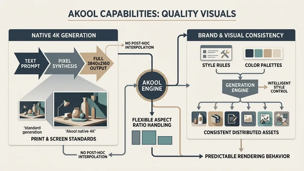 Diagram showing Akool engine processes for native 4K generation and maintaining visual consistency