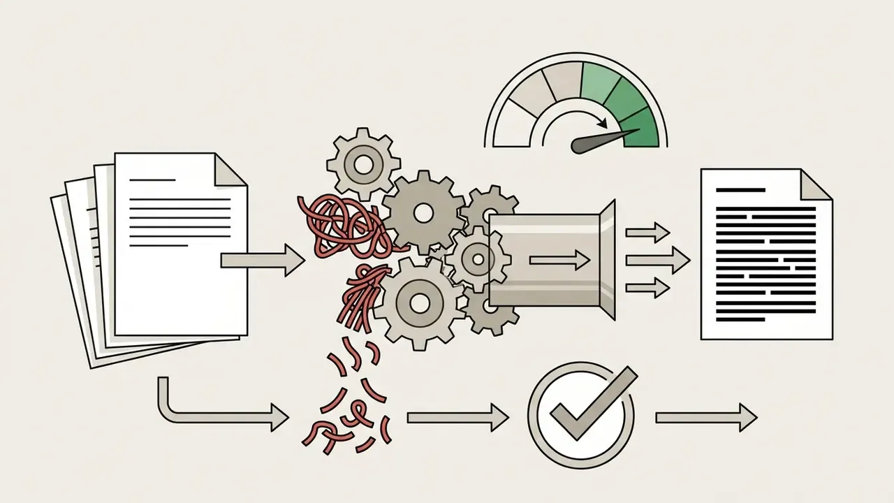 Redundant text strands being filtered through a gear mechanism to produce a concise document