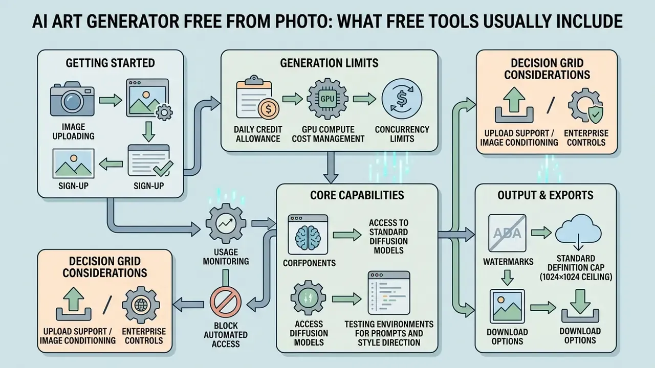 Flowchart outlining the typical features, usage limits, and export constraints of a free AI art generator