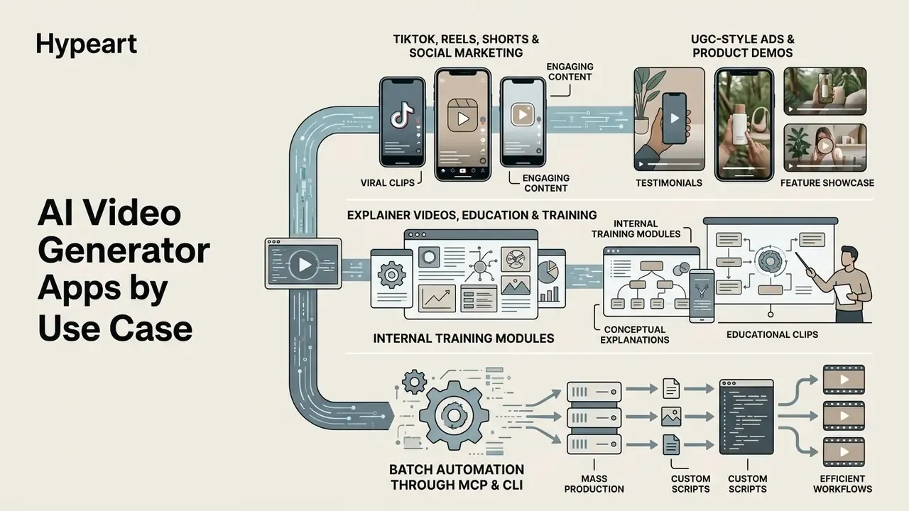 Diagram mapping video production workflows from social media content to educational and automated tasks