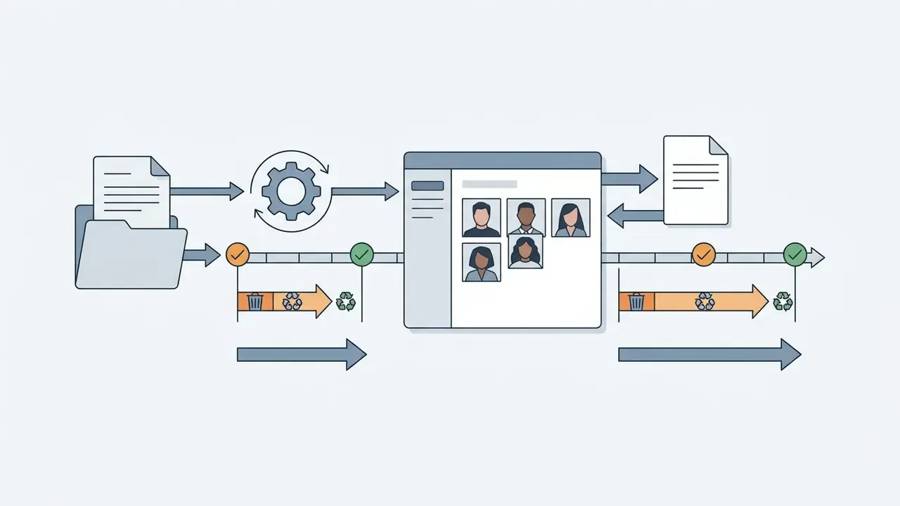 Timeline showing file processing, gallery creation, and scheduled data deletion stages