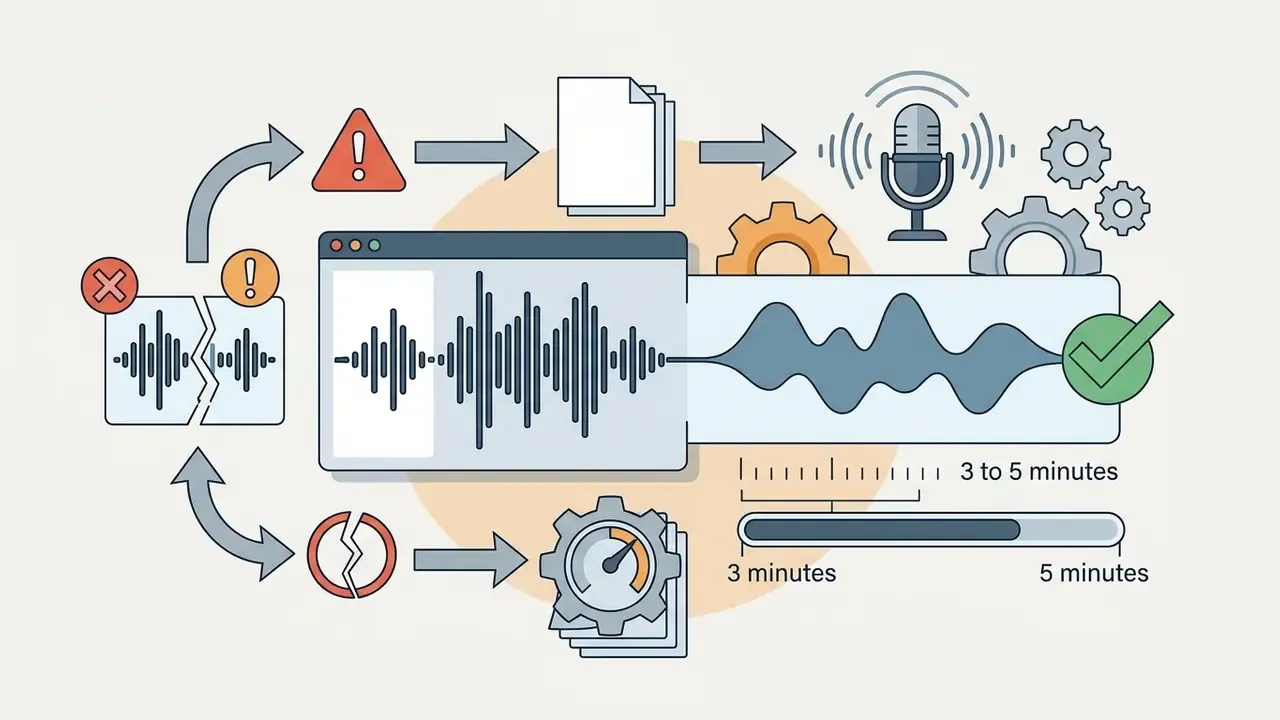 Audio waveforms showing the transition from short, risky clips to optimal 3 to 5 minute speech samples