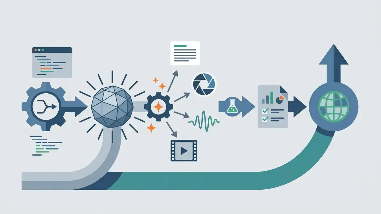 Process showing code and geometric shapes branching into diverse media outputs and global deployment
