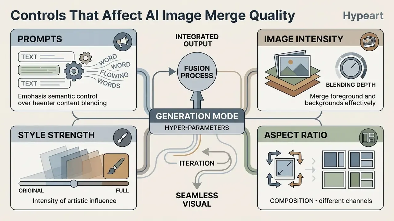 Four quadrants showing how prompts, style, intensity, and aspect ratio influence the central fusion process