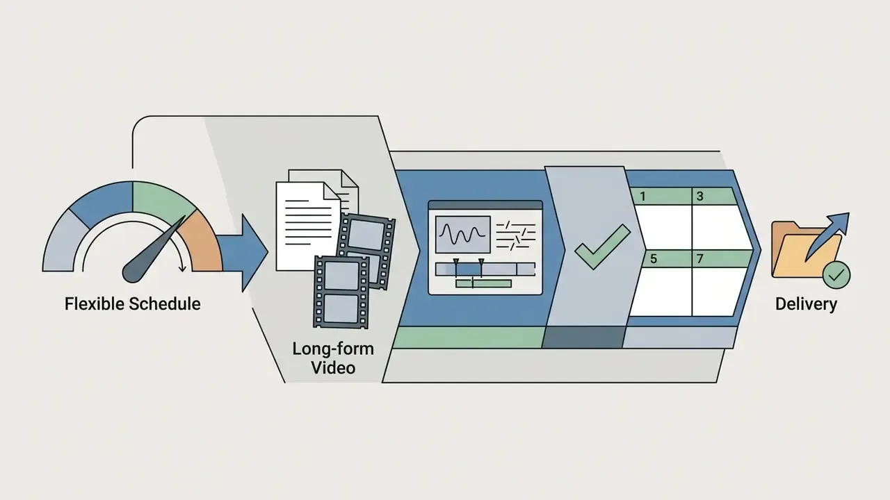 Speedometer and video assets moving through an editing pipeline toward a final project delivery folder
