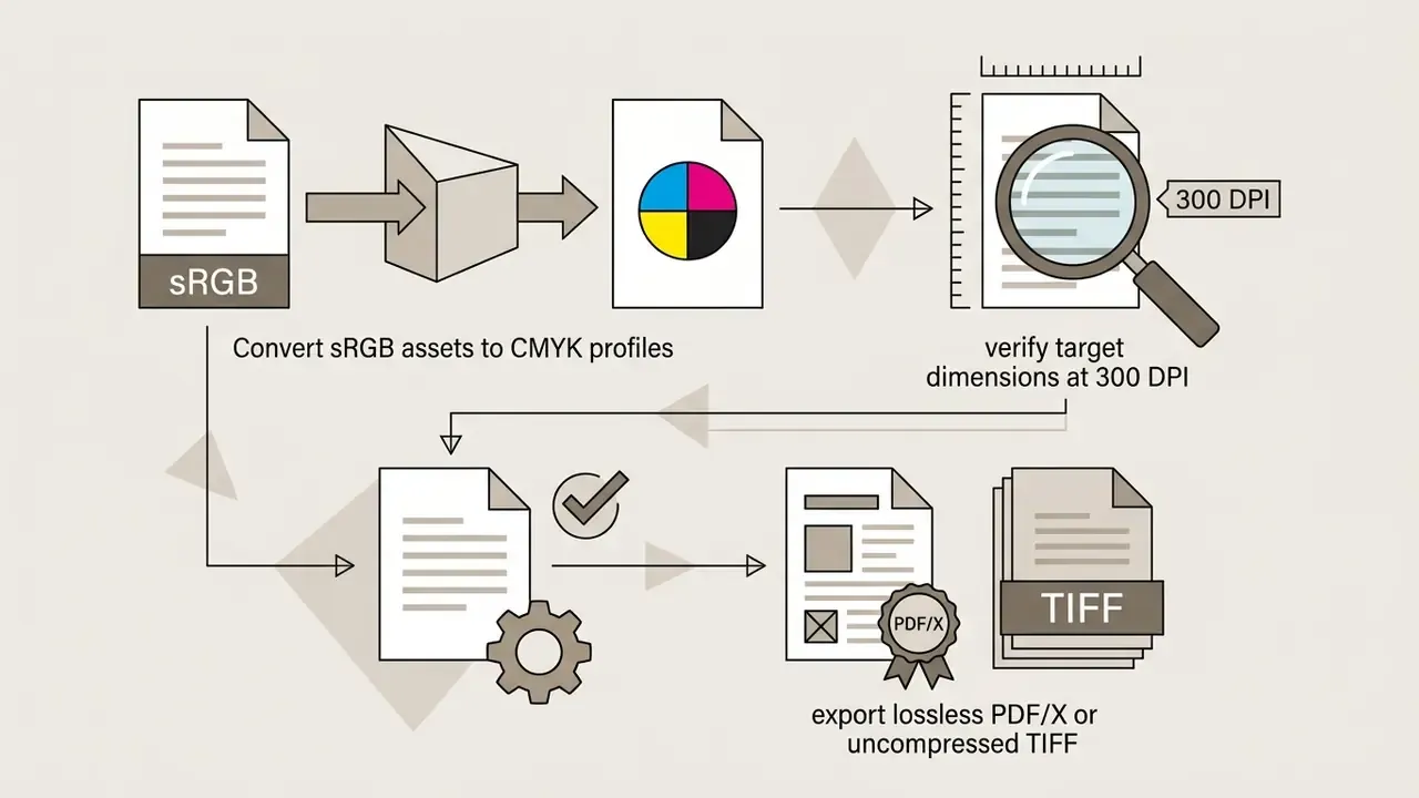 Workflow showing document conversion from sRGB to CMYK, resolution verification, and final file export