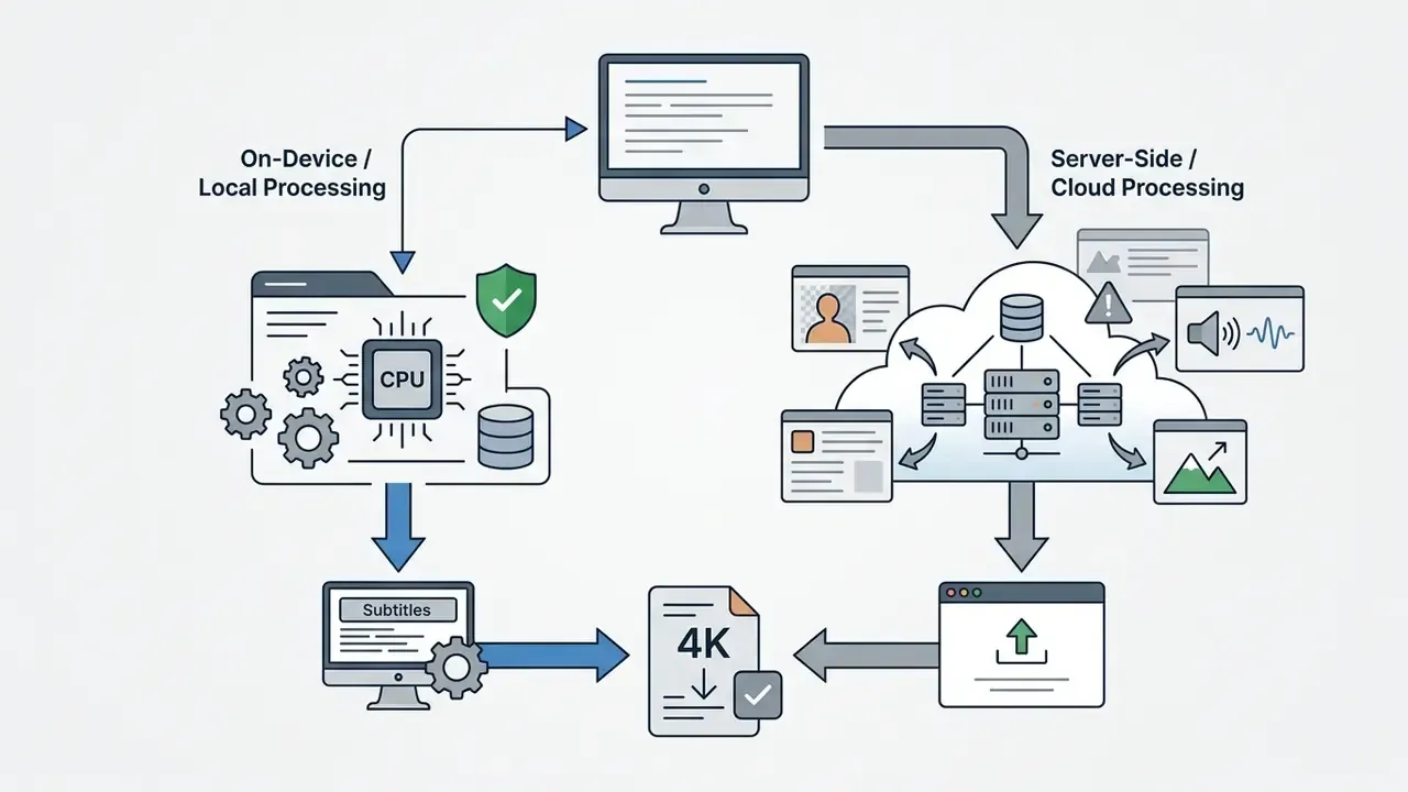 Cycle showing data flow between local CPU processing and cloud-based server operations for video editing