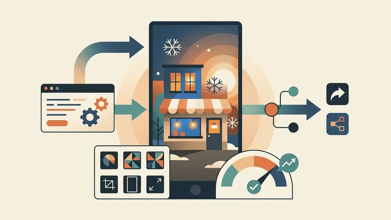 Smartphone screen showing a winter storefront scene with editing tools, performance gauges, and share icons