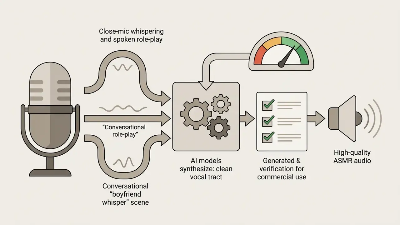 Microphone input processed through synthesis gears and quality verification to produce audio output