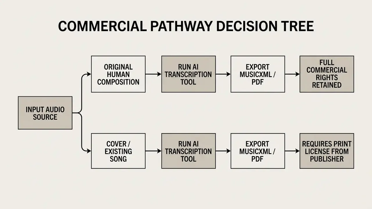 Decision tree comparing commercial rights outcomes for original compositions versus existing cover songs