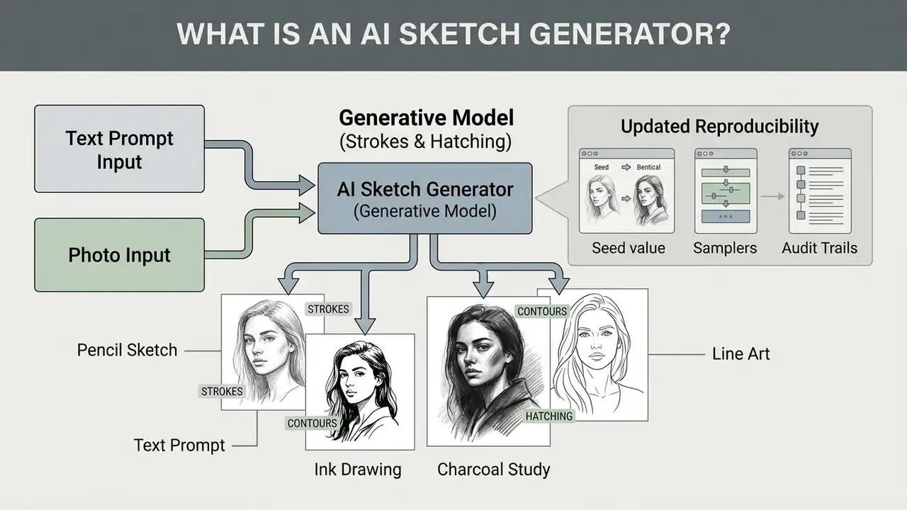 Flowchart showing how inputs transform into various artistic styles using seeds and samplers