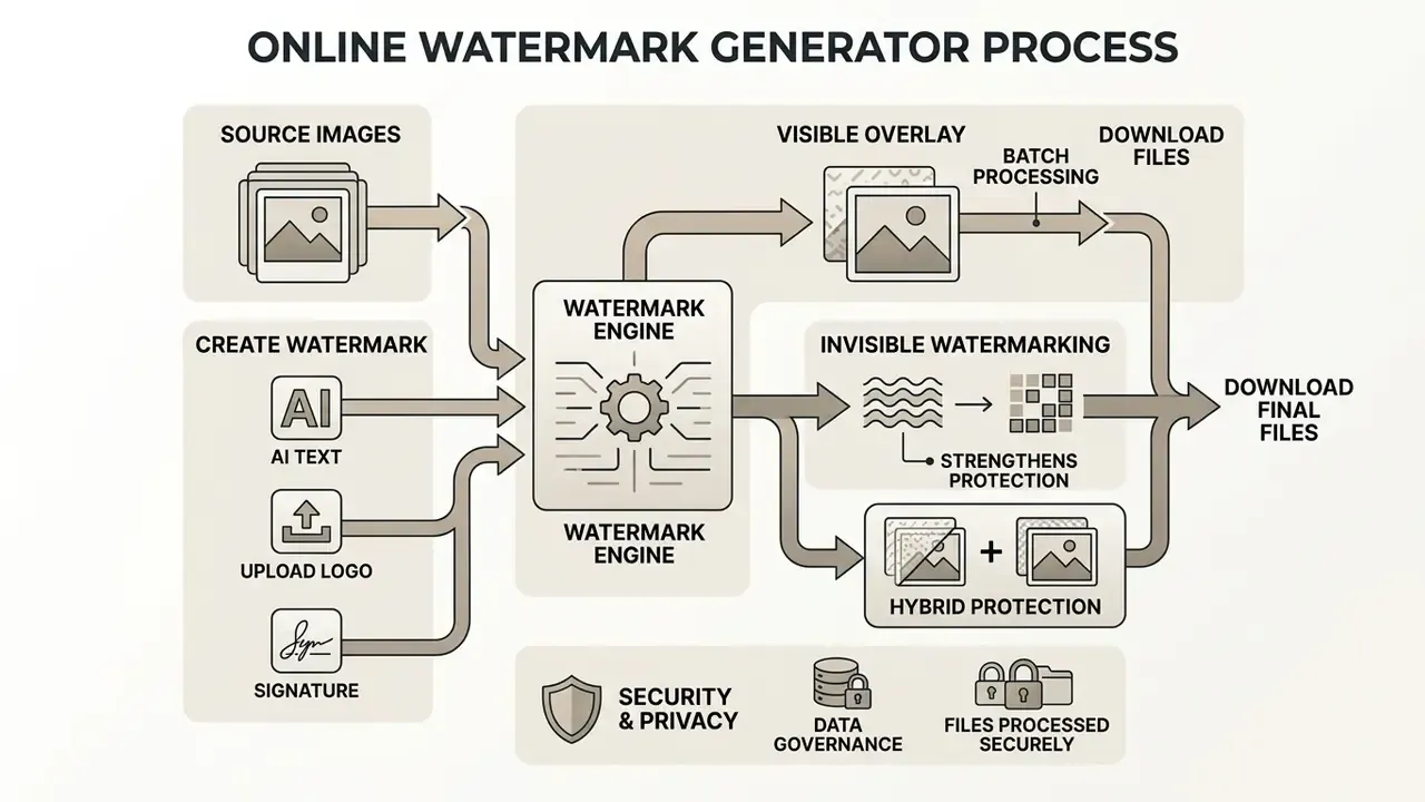 Schematic showing how source images and watermark designs are combined through an engine for various outputs