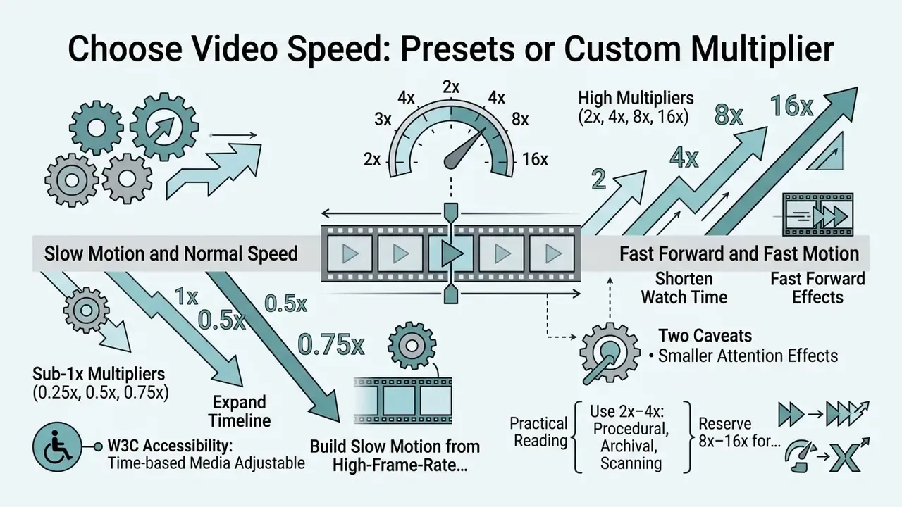 Diagram illustrating video speed options with gears, speed gauges, and arrows for playback adjustments