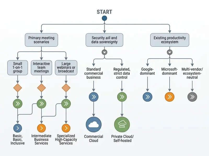Decision tree outlining criteria for selecting an online video conferencing platform