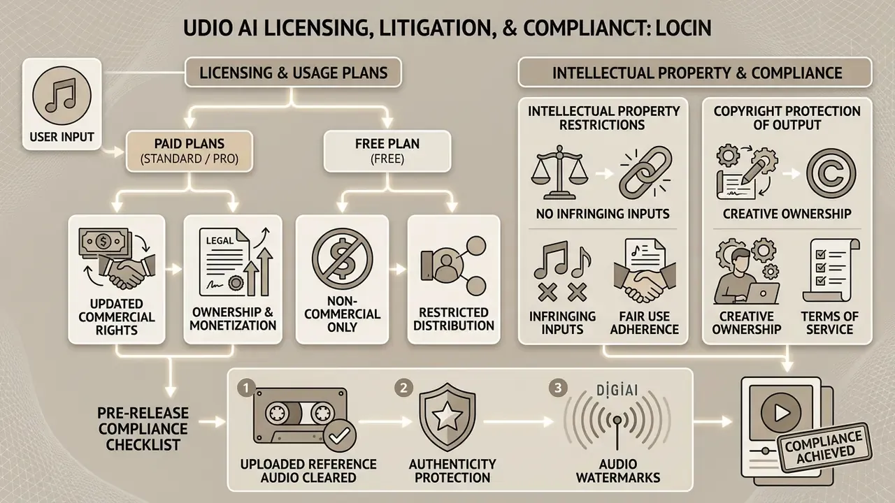 Infographic detailing Udio AI licensing plans, intellectual property restrictions, and compliance steps