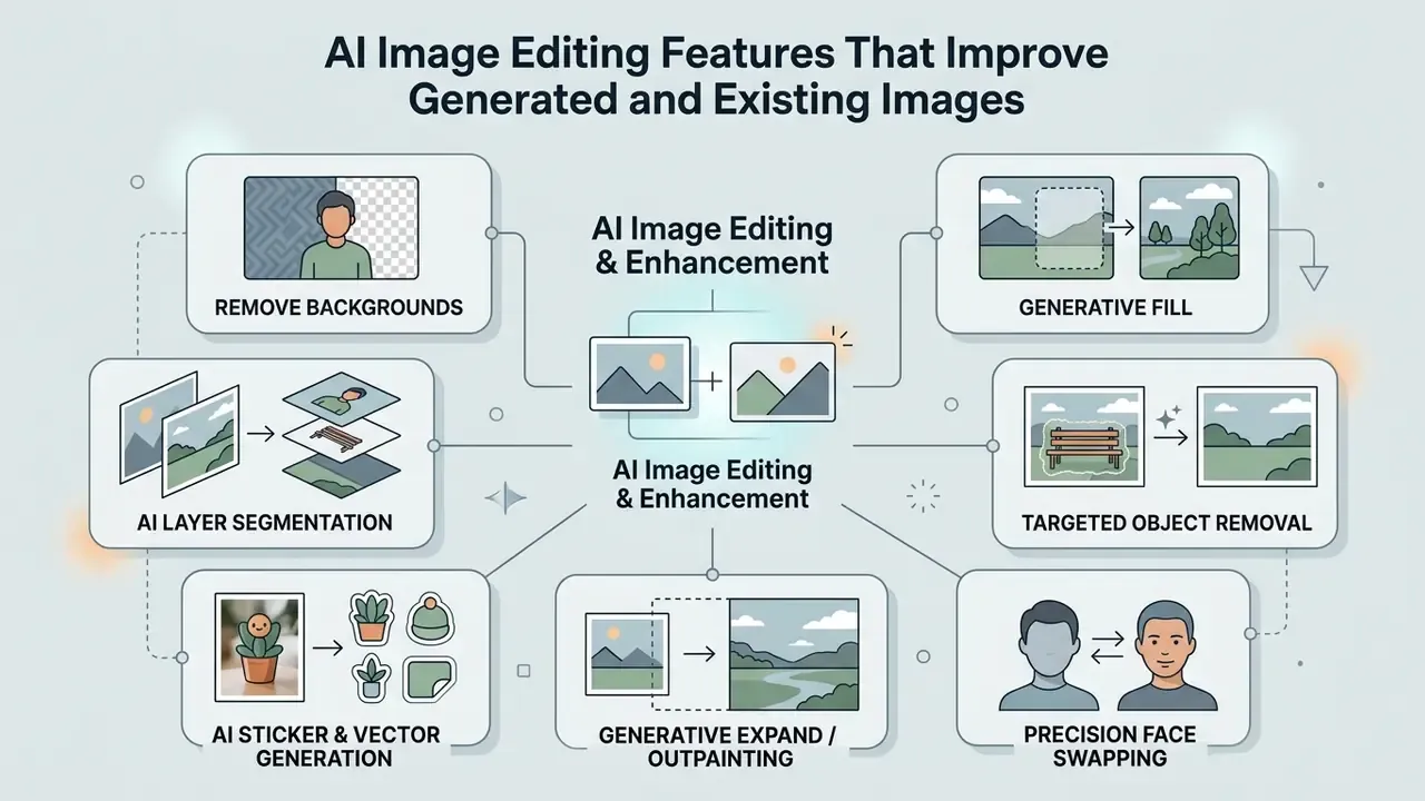 Diagram showing six AI editing techniques like background removal, generative fill, and face swapping