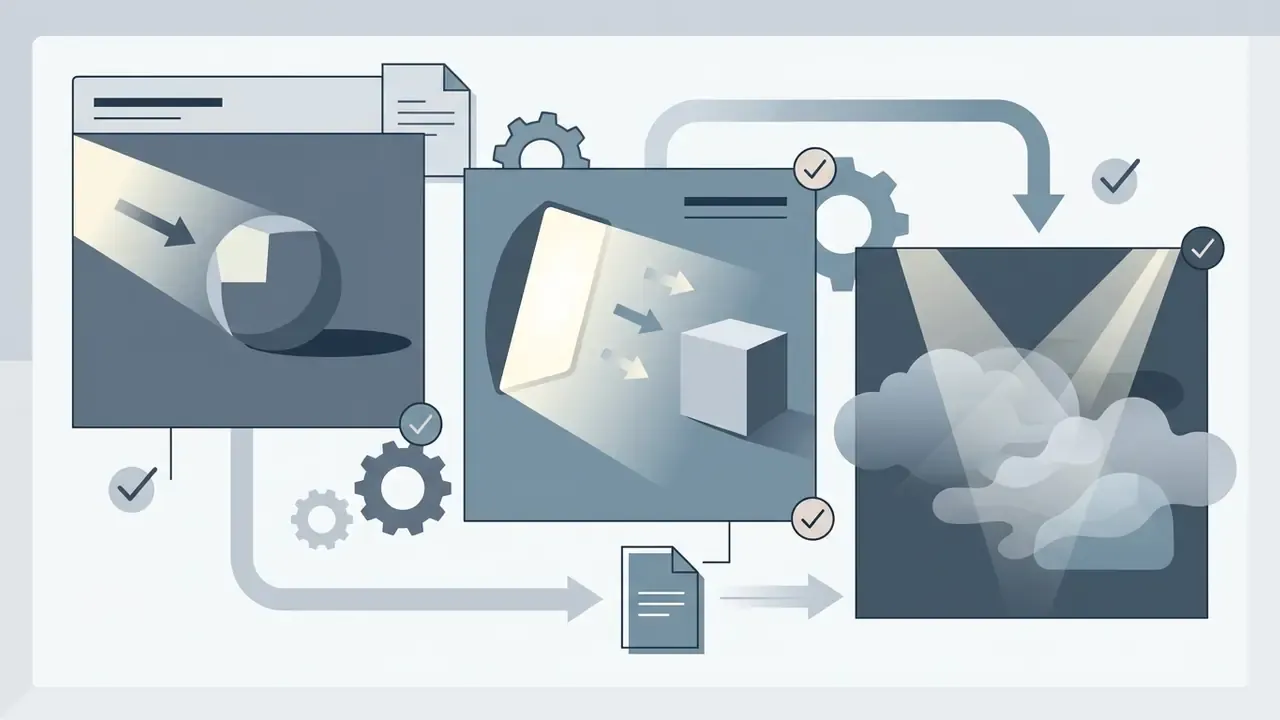 Panels showing side lighting on a sphere, soft studio light on a cube, and volumetric fog in clouds