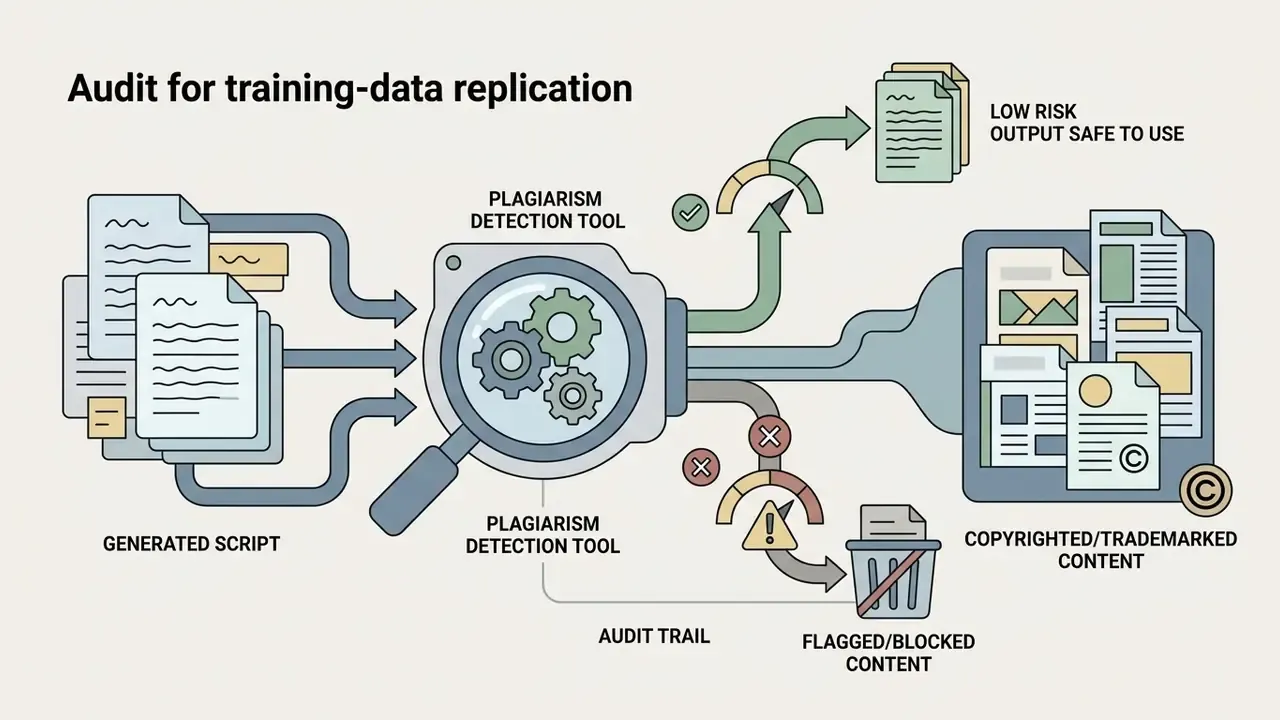 Scripts moving through a magnifying glass detection tool to separate safe content from flagged material