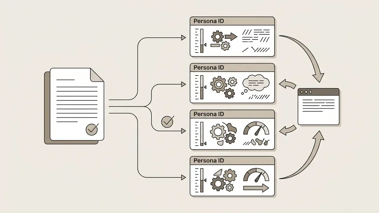 Document feeding into four distinct persona modules that process data into a unified output window