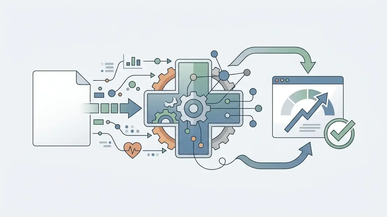 Document data flowing through a medical symbol into a digital performance gauge with a checkmark
