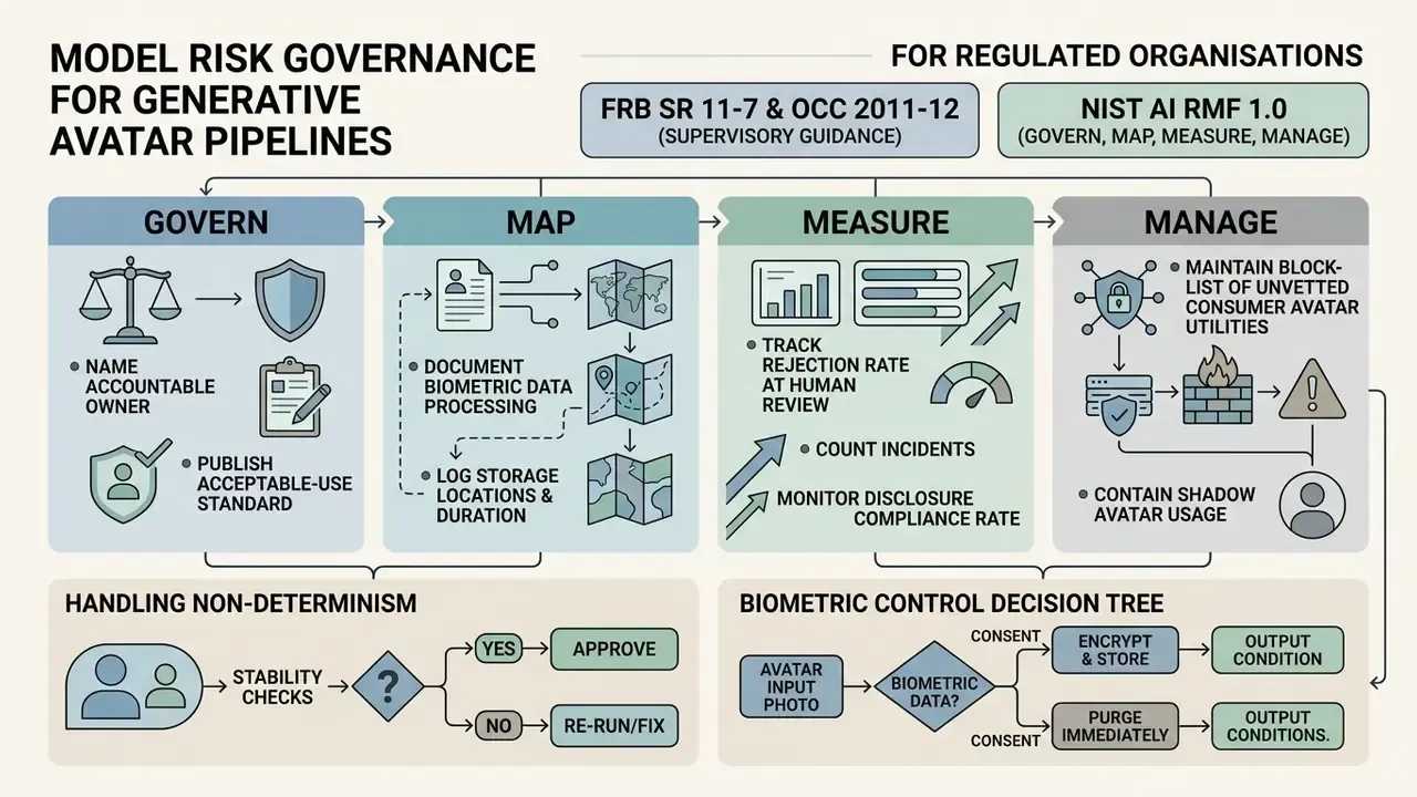 Diagram detailing governance frameworks for managing risk in generative avatar production pipelines