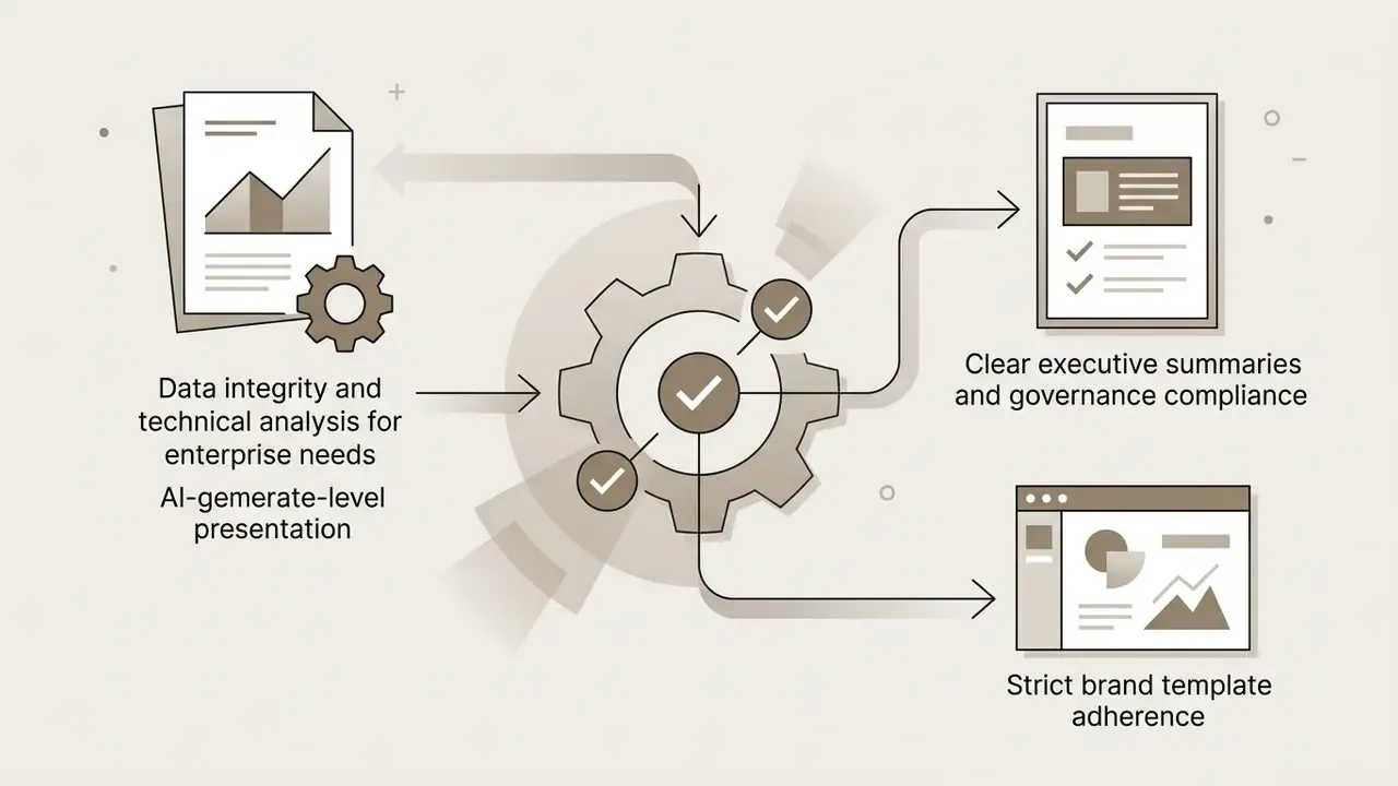 Process flow showing raw data inputs being transformed into compliant summaries and branded slide layouts